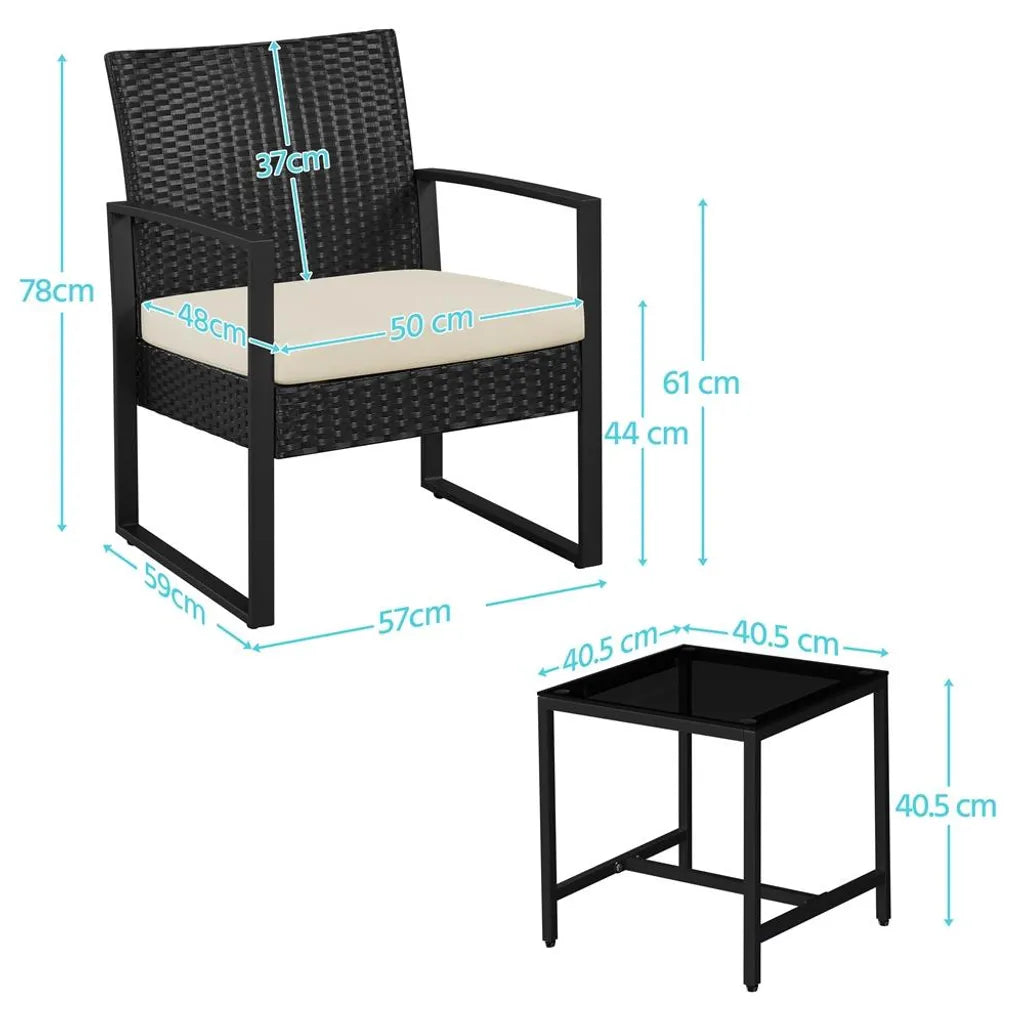 Yaheetech Tuinmeubelset 3-delig - Zwart/Beige - Polyrattan Balkonset met Bijzettafel en Glazen Tafelblad