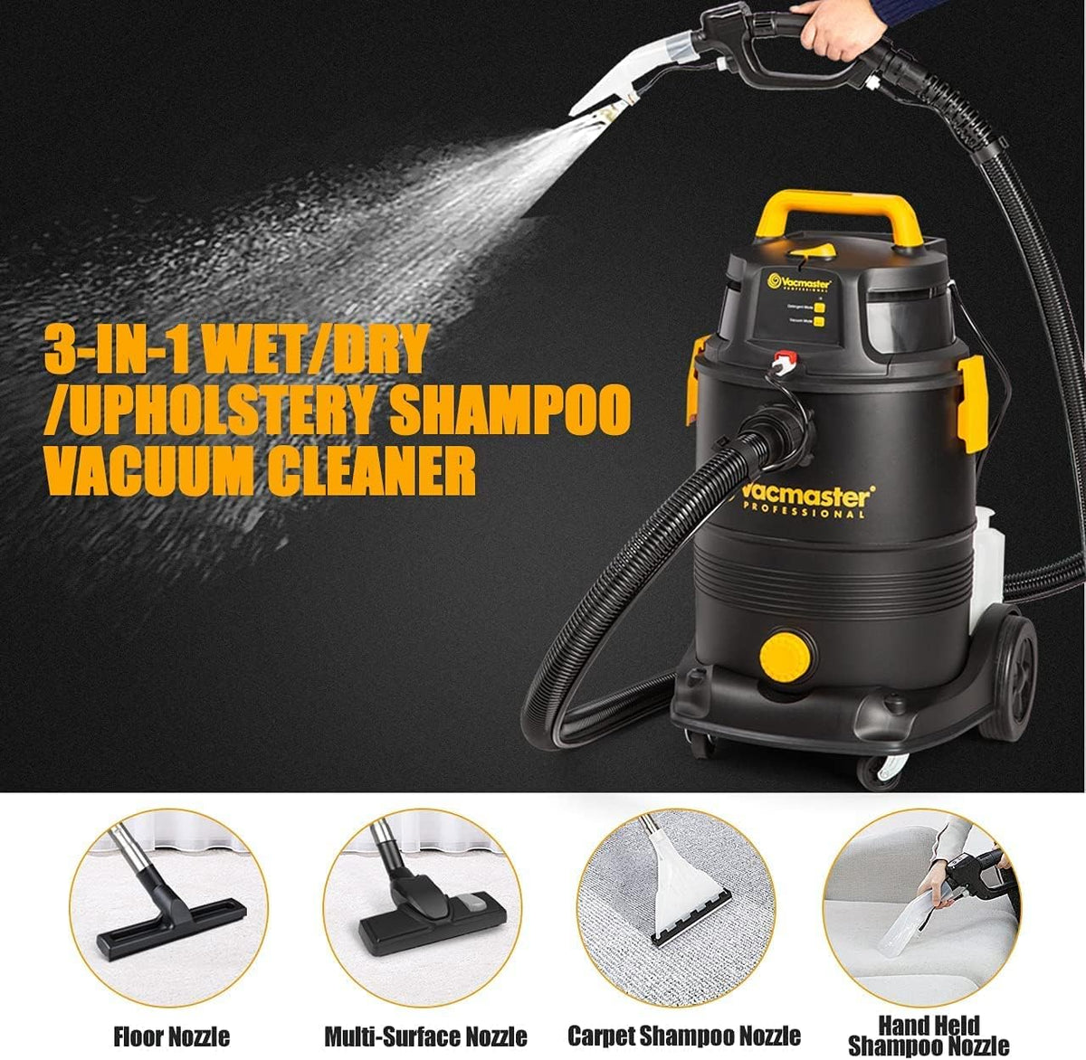 Vacmaster VK1330PWR 3-in-1 tapijtreiniger en nat- en droogzuiger - 1300 W - 30 liter - Zwart