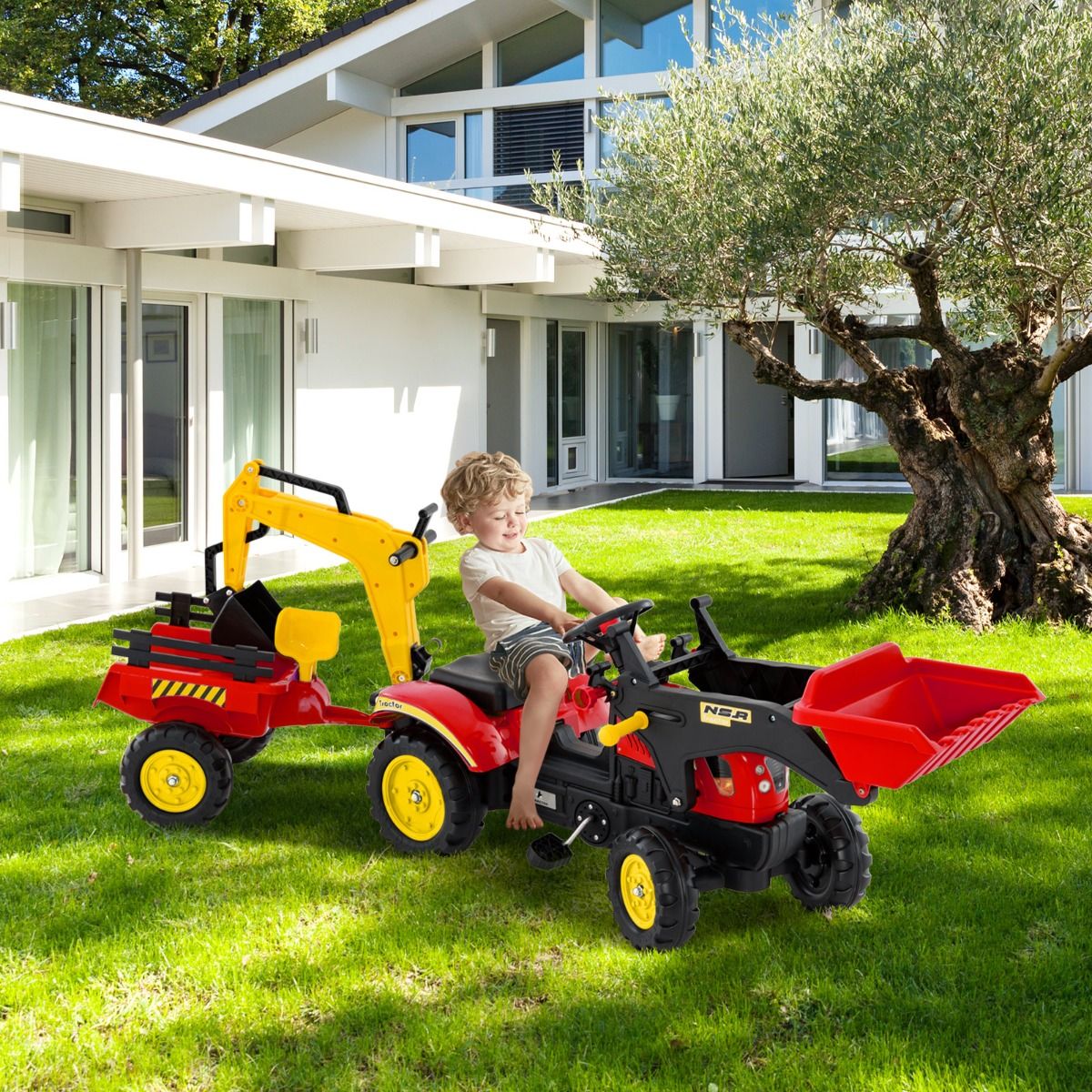 Coast Kinderzittractor - 3-in-1 graafmachine met afneembare aanhanger - 6 wielen - rood