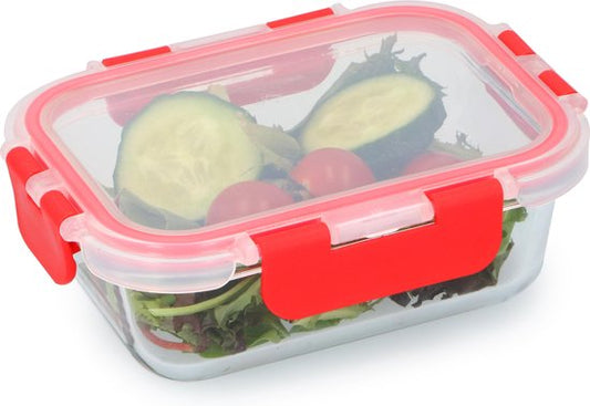 Alpina Vershouddoos – 390 ml – Borosilicaatglas – Vriezer, Magnetron, Oven & Vaatwasserbestendig – 15,5 x 11,5 x 5,5 cm – Transparant/Rood