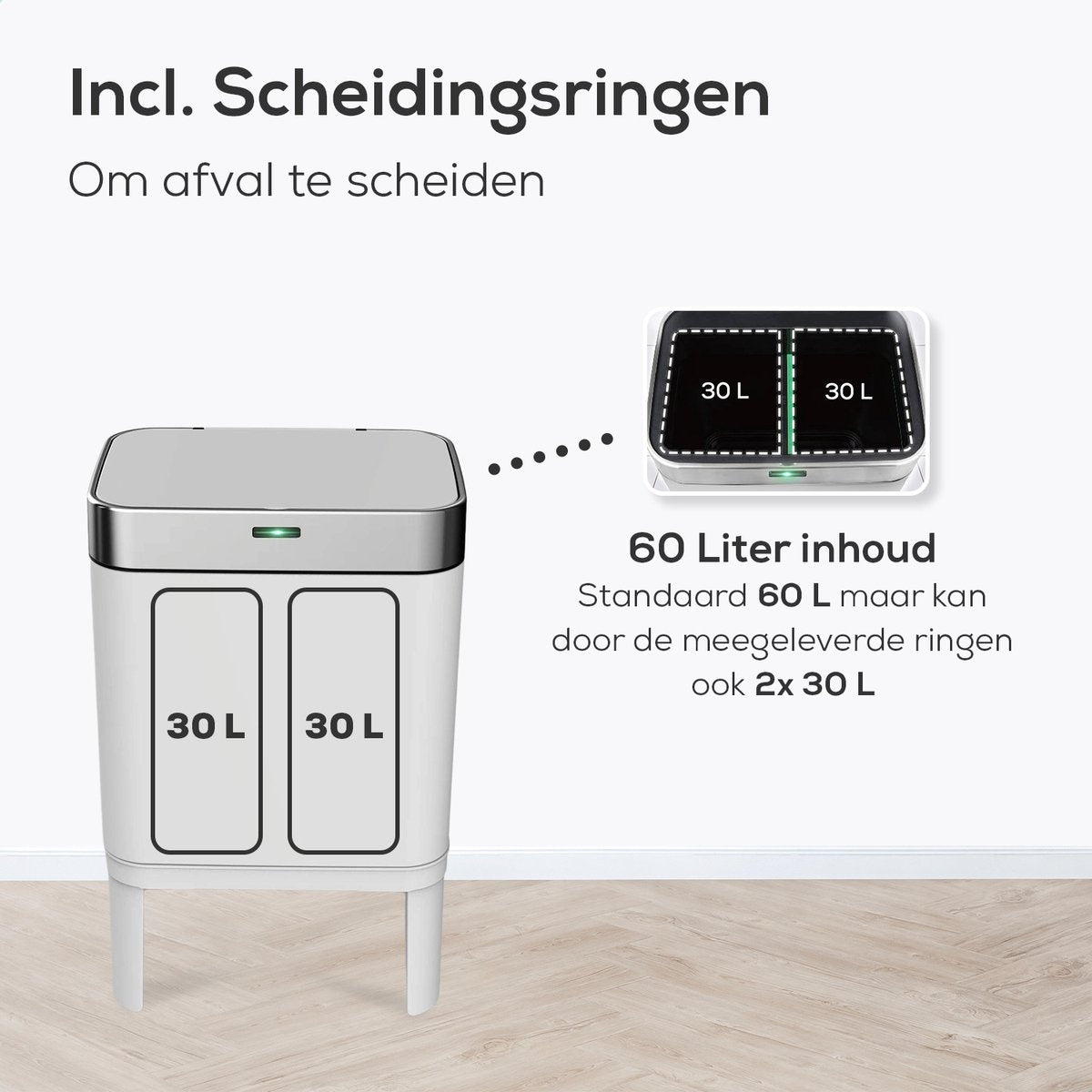 Loftey Sensor Prullenbak 60 Liter – Touch Free Afvalbak - Afvalemmer - Afvalscheiding 2x30L - Keuken - Wit/RVS