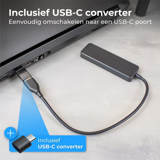Nuvance - USB 3.0 Hub - 4 Poorten - Inclusief USB C Converter - USB Splitter - Zwart