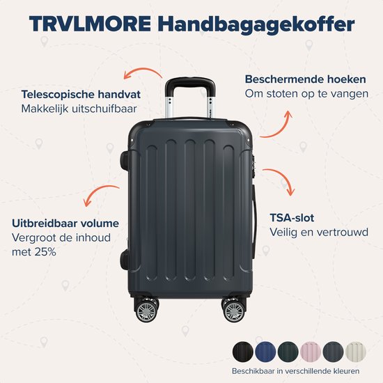 TRVLMORE Handbagage Koffer - 45L - TSA Cijferslot - Lichtgewicht - Uitbreidbaar - Trolley - 54x36x22cm - Donkergrijs
