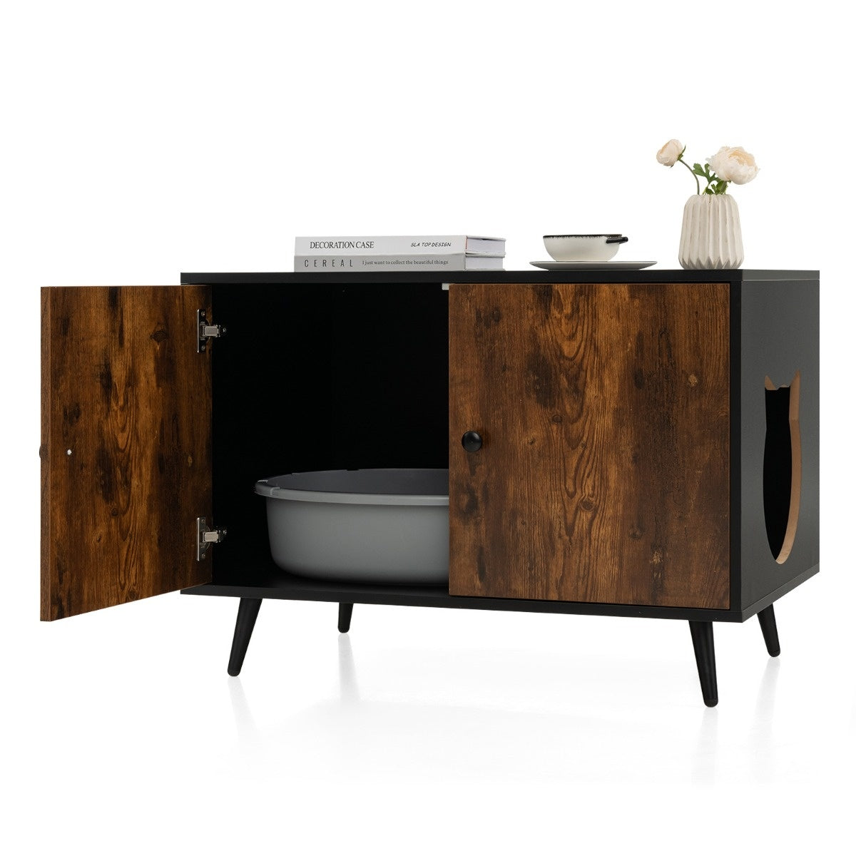 Coast Cat Cabinet Cat Toilet Cat House met dubbele deuren en ingang 80 x 50 x 57 cm zwart + Natuur