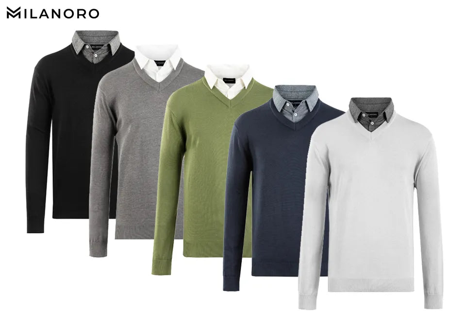 Milanoro Herenpullover Maat M - Overhemdkraag - Katoen/Acryl - Zwart