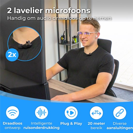 Nuvance - Draadloze Microfoon - 2 Stuks - Geschikt voor Jack 3.5mm, USB-C en Lightning - Dasspeld Microfoon - Lavalier Microfoon Draadloos - Microfoons - Plug & Play