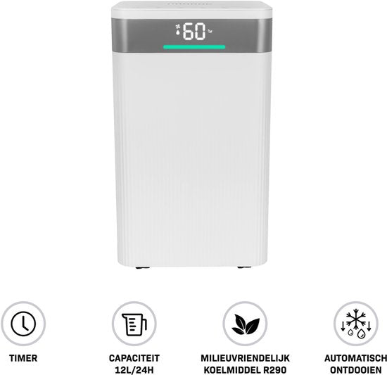 VONROC Luchtontvochtiger – 12L/dag - 2L tank – wasgoedmodus – met wifi bediening – met luchtzuiveringsfunctie
