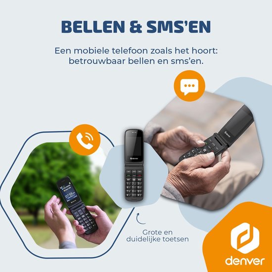 Denver Senioren Mobiele Telefoon 4G - Grote Toetsen - SOS knop - Smartphonevrij opgroeien - Oplaadstation - GSM - Bluetooth - FM Radio - Volledig NL en FR - Model 2026 - BAS24800L