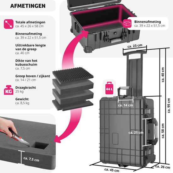 tectake® - Transportkoffer verrijdbaar met telescoopgreep - Fotokoffer - Camerakoffer 45 x 26 x 58 cm - 2 kliksluitingen - Mogelijkheid voor afsluiten met hangslot
