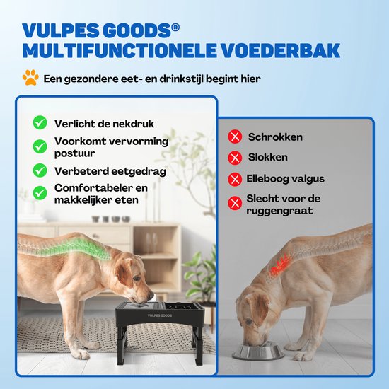 Vulpes Goods® Pets - Voerbak Hond met Standaard - Drinkbak Hond Anti Knoei - Anti Schrokbak Hond - Verhoogde Voerbak - 4 Hoogtes - Slow Feeder - Dubbel - Zwart