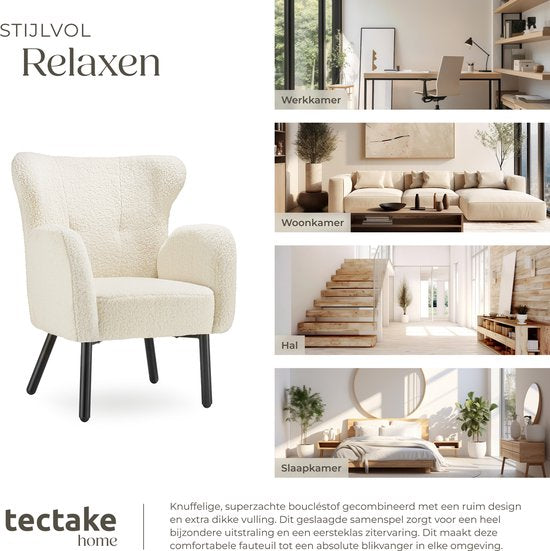 tectake® - Fauteuil Vänersborg - Dik gestoffeerde relaxstoel met bouclé-bekleding - Lounge stoel met brede armleuningen en ergonomische rugleuning - In hoogte vertelbare poten met vloerbescherming - Beige / crème