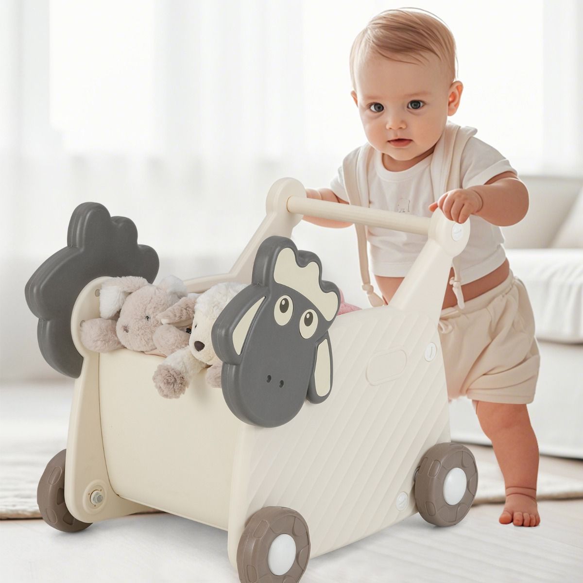 Coast Schaap Loopwagen voor Kinderen - 2-in-1 Opbergwagen en Looprek - 18 Liter - Beige en Grijs