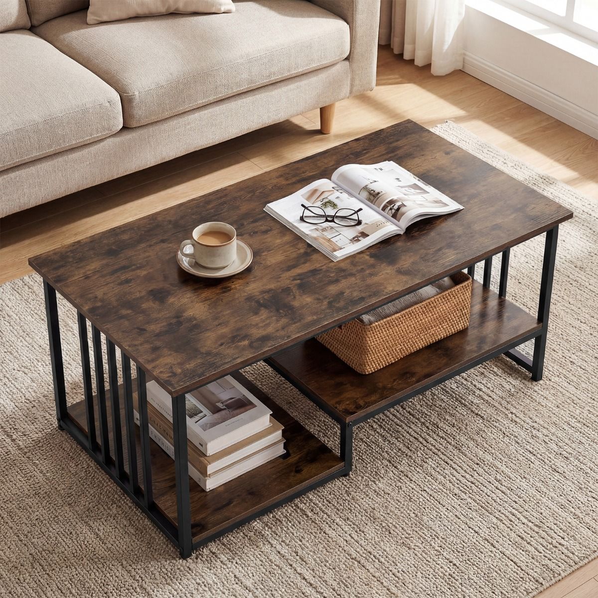 Coast Salontafel - rechthoekig - 2 legvlakken - rustiek bruin/zwart - 110 x 60 x 45 cm