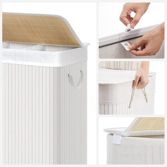 SONGMICS - Wasmand 150 liter - 3 sorteervakken - 60x40x61.5 - bamboe met stof - wit LCB091W01