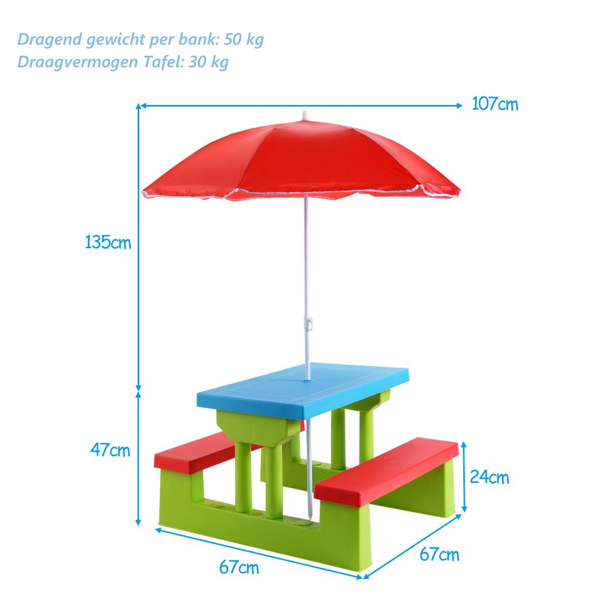 Coast Picknicktafel voor Kinderen - Met Parasol - 2 Banken - Max. 50 kg - 67 x 41 x 47 cm - Rood / Blauw / Groen