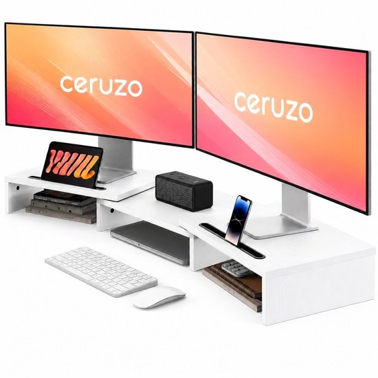 Ceruzo Monitor Verhoger - Voor 1 of 2 Schermen - Verstelbaar 80-112.5 cm - Wit