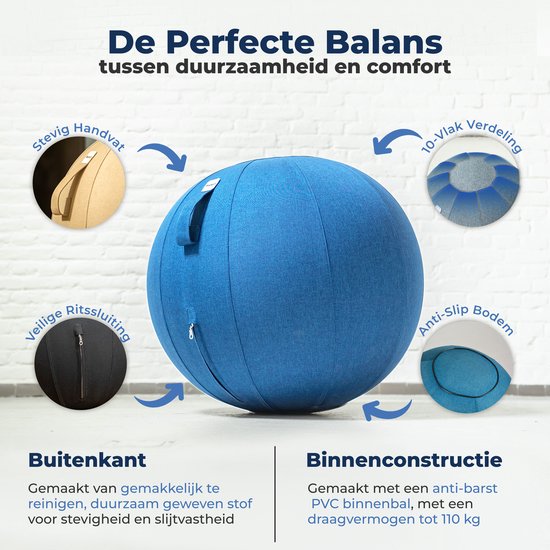 Backerz Zitbal 65 CM - Zitballen met Hoes Linnen - Ergonomische Bureaustoel Kantoor en Thuis - Luxe Yoga Bal - Licht Blauw