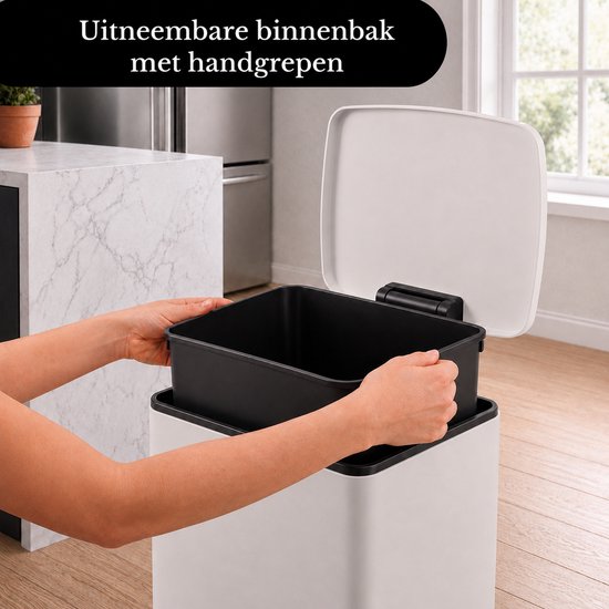 Bayt Prullenbak - Prullenbak 60 Liter - Pedaalemmer 60 Liter - Vuilnisbak 60 Liter - Afvalbak - RVS - Crème wit