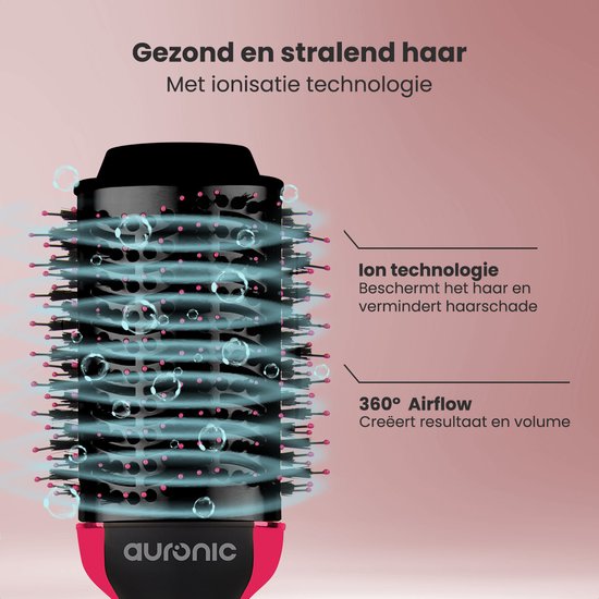Auronic 3-in-1 Föhnborstel voor Extra Volume, Stijlen en Krullen - Airstyler - Krulborstel - Keramische Magic Brush - 1000W - Ø 45 mm - Zwart/Roze