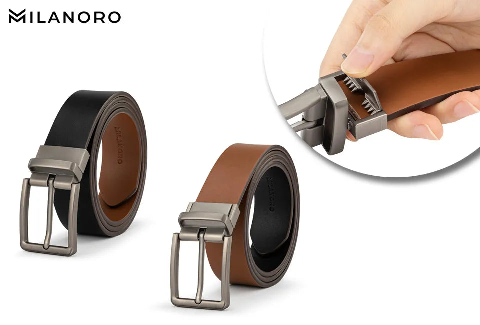 Milanoro Leren Riem 95 (110) cm - Omkeerbaar - Zwart/Cognac