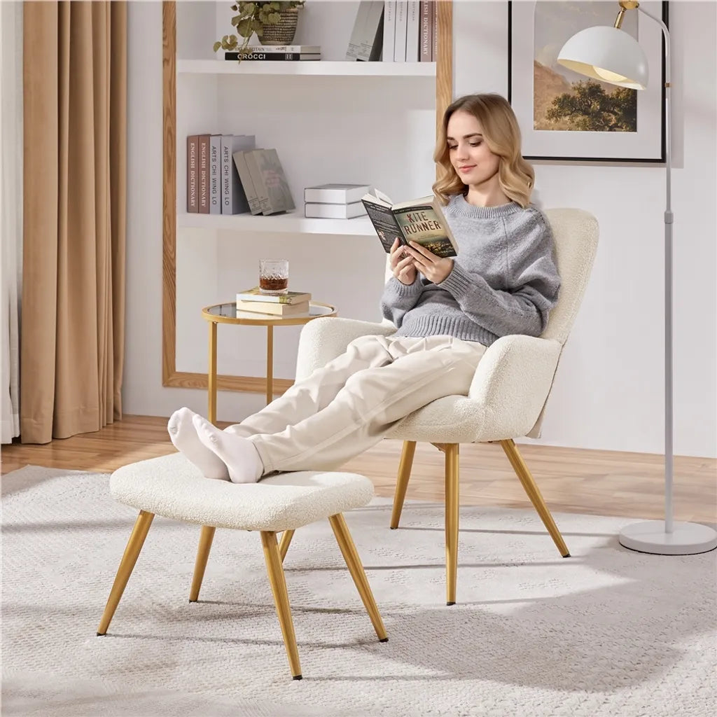 Yaheetech Oorfauteuil met Voetenbankje, Bouclé, Wit/Crème
