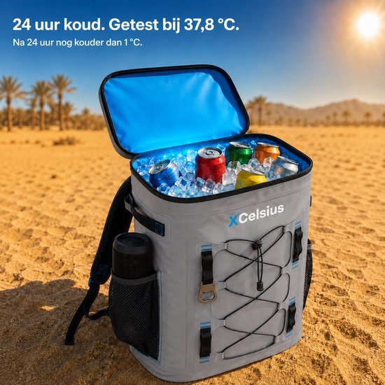 XCelsius® Koeltas Rugzak 20 Liter – Koelrugzak met 2 Koelelementen en Flessenopener – Minstens 24 Uur Koel – 100% Waterdicht – Koelrugtas voor Strand, Festival, Boot en Camping – Grijs