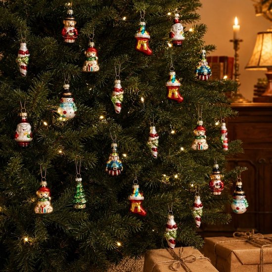 Mica Decorations Kerstballen Set van 20 Stuks - Kerstversiering voor de Kerstboom - Glazen Kerstornamenten met Klassieke Kerstfiguren - Kersthangers 3,5 cm - Groen
