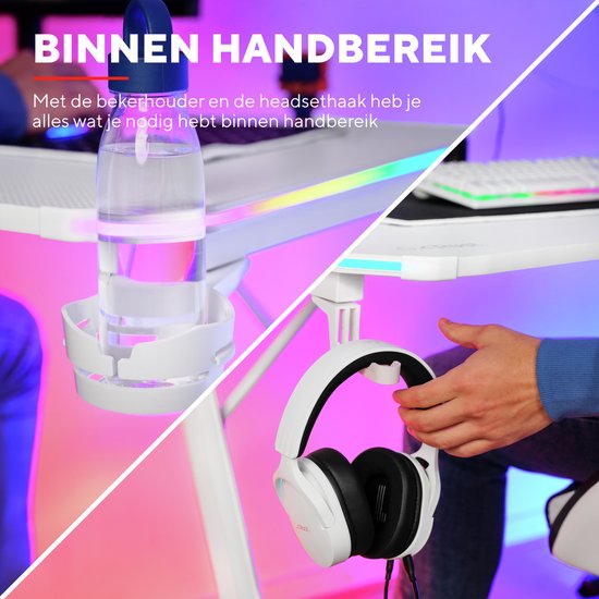 Trust GXT 709W Luminus Gaming Bureau - RGB Verlichting – Bekerhouder – Headset houder - Wit