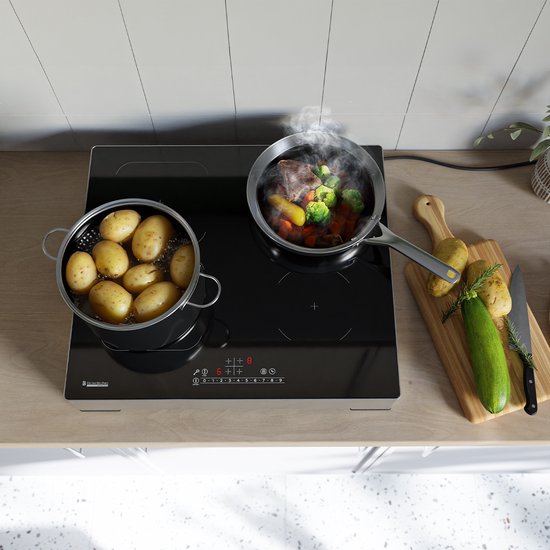 KitchenBrothers Inductie Kookplaat - Vrijstaande Inductieplaat - 60 cm - 4 Zones - 1x Flexzone - 1 Fase - Tot 3500W - Zilver/RVS