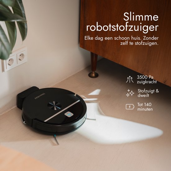 Bloomfold Sweep Robotstofzuiger met Dweilfunctie – Slimme Robot Stofzuiger, 3500Pa, 130 min, App & Google Home - Ultra-dun (7,3 cm) - Geschikt voor Huisdierhaar