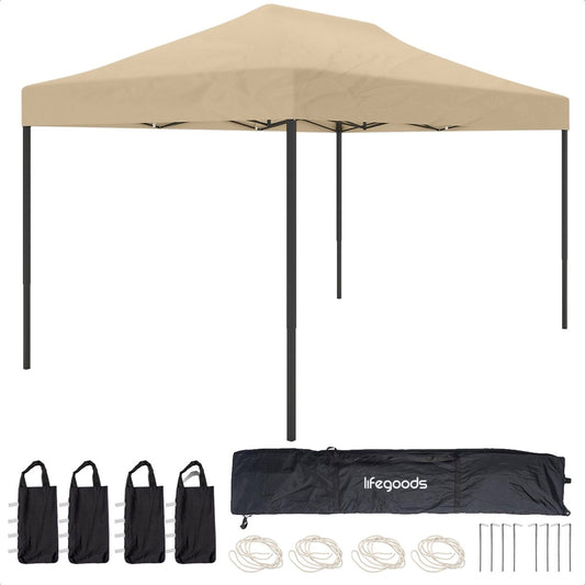LifeGoods Partytent - Paviljoen - EasyUp - Opvouwbaar - Waterdicht - Met Draagtas met wieltjes - 440 x 297 cm - Beige