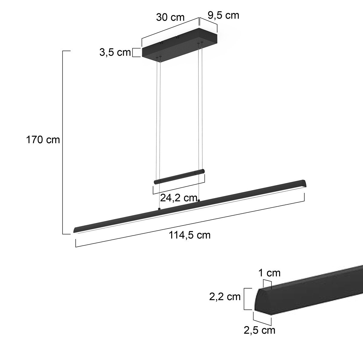 Hanglamp Profilo 3317ZW Zwart 115cm breed Hoogteinstelbaar Kunststof & Metaal Steinhauer