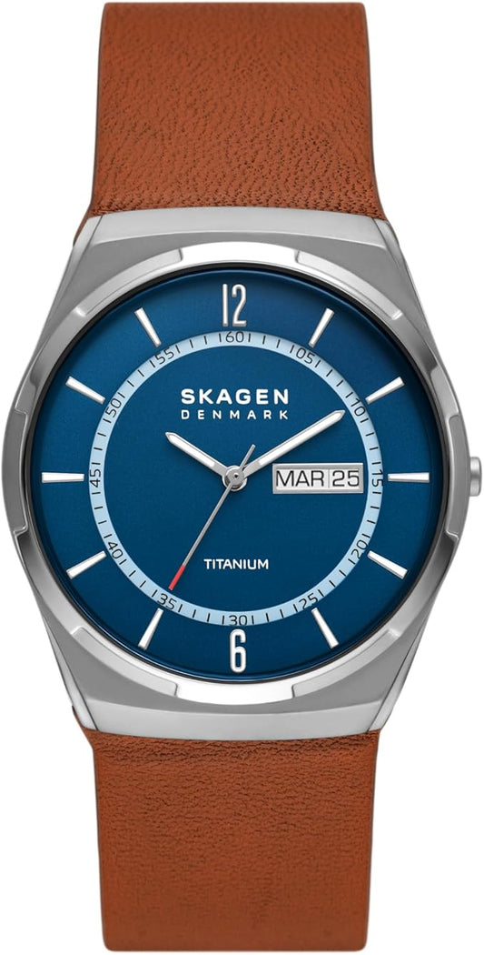 Skagen Melbye Titanium 40 mm - Grijze titanium kast - Blauwe wijzerplaat - Bruine leren band