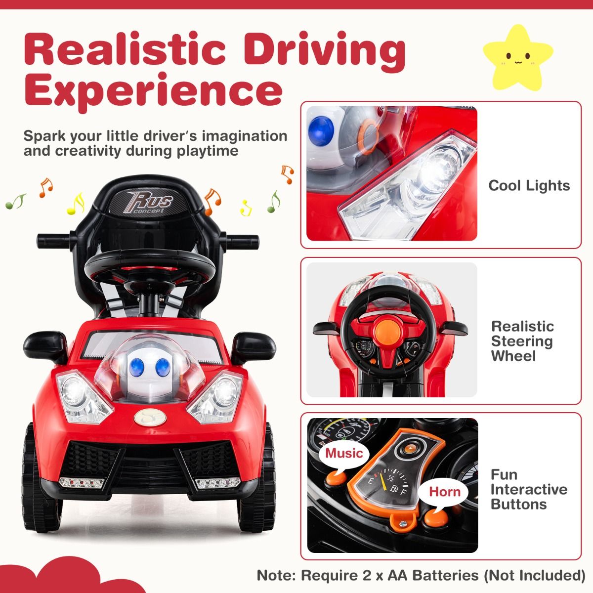 Coast 3-in-1 Loopauto met duwstang - opbergruimte - verstelbare zonbescherming - rood