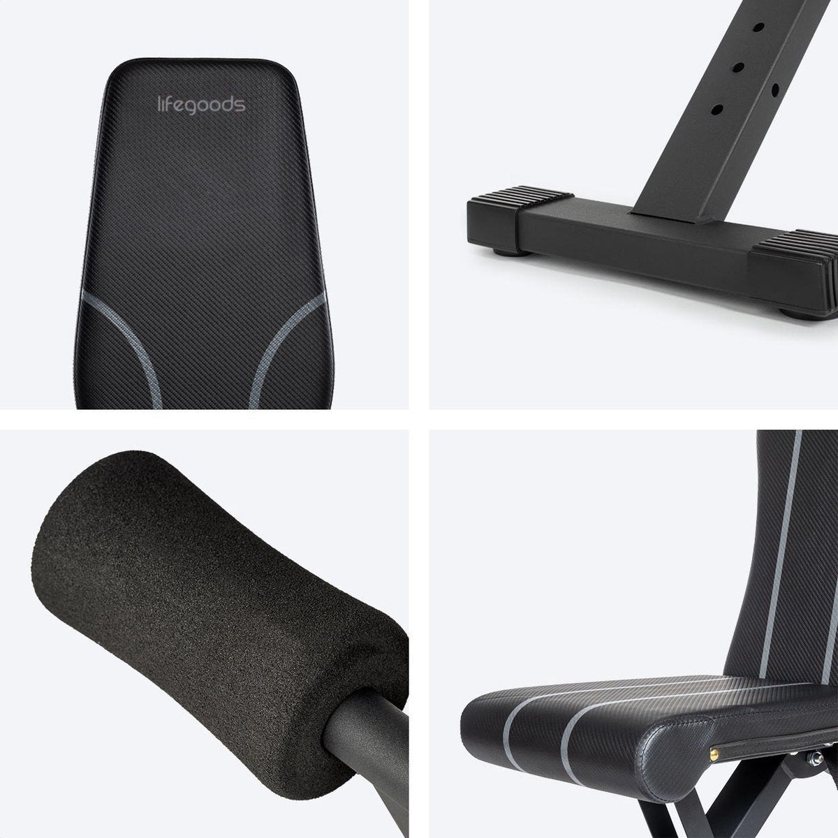 LifeGoods Fitness Halterbank - Fitnessbank - Bench Press - Trainingsbank - Verstelbaar - Inklapbaar - Zwart/Grijs