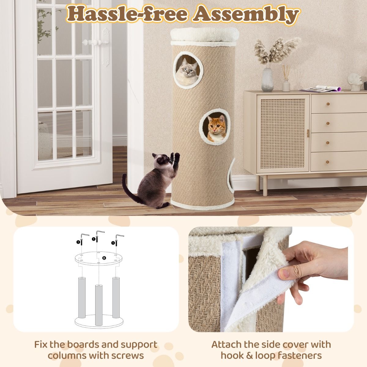 Coast Kattenhuis met Vier Verdiepingen - Pluche Bed - Sisal Krabpalen - Bruin 43 x 43 x 113 cm