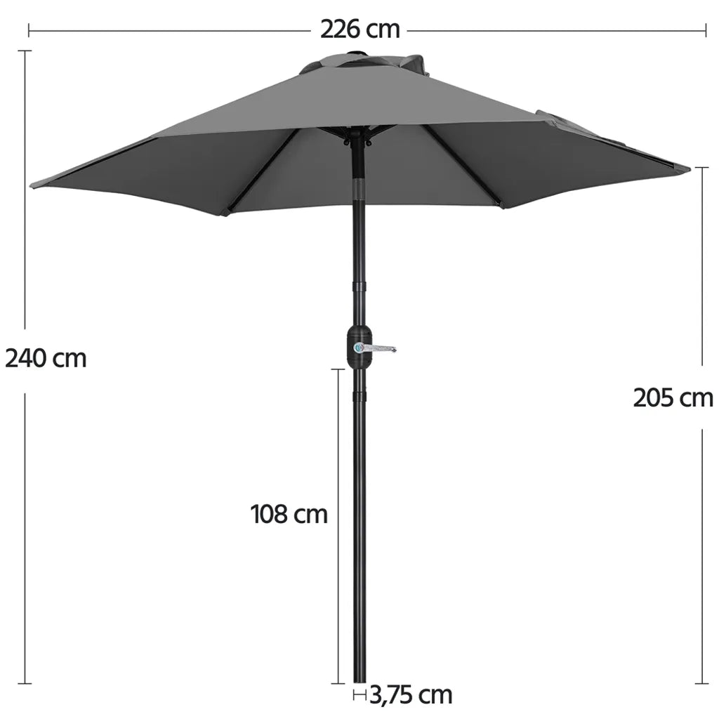 Yaheetech Parasol Ø226 cm – Grijs – 226 x 226 x 240 cm – Met Slinger en Kantelfunctie