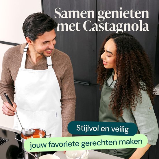 Castagnola keukenschort - Water- en vuilafstotend - Professioneel Kookschort - BBQ Schort voor Dames en Heren - Unisex - Verstelbare Gesp - Extra Grote Vakken - Wit