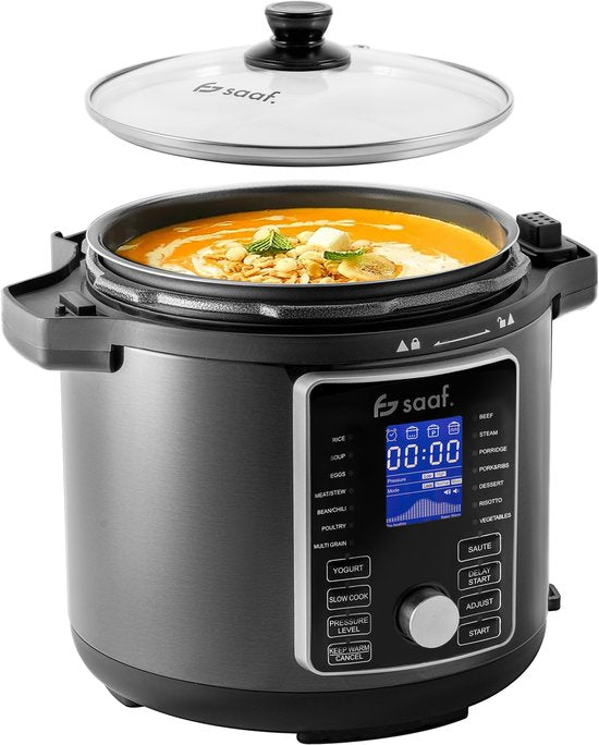 Multicooker met Airfryer - 15-Delige Set - 6L - 24 Automatische Programma's - Slowcooker, Rijstkoker, Stomer, Snelkookpan - Grijs - van Saaf