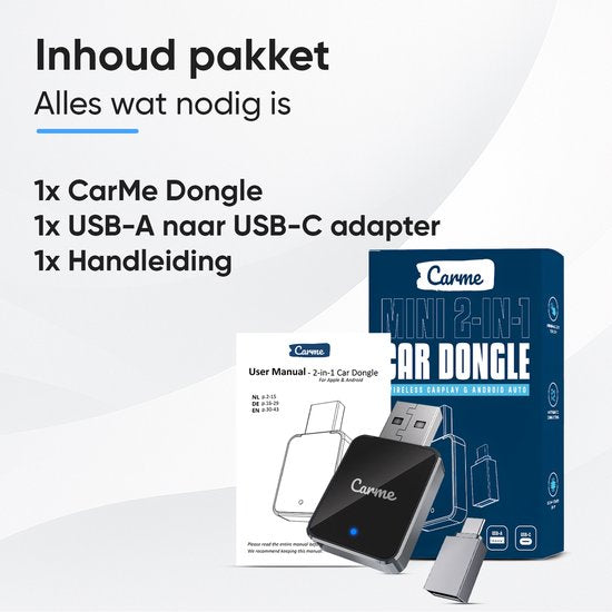 CarMe Mini 2-in-1 CarPlay Dongle V2 - Draadloos CarPlay & Android Auto - USB-A & USB-C - Android Auto Dongle - Zwart