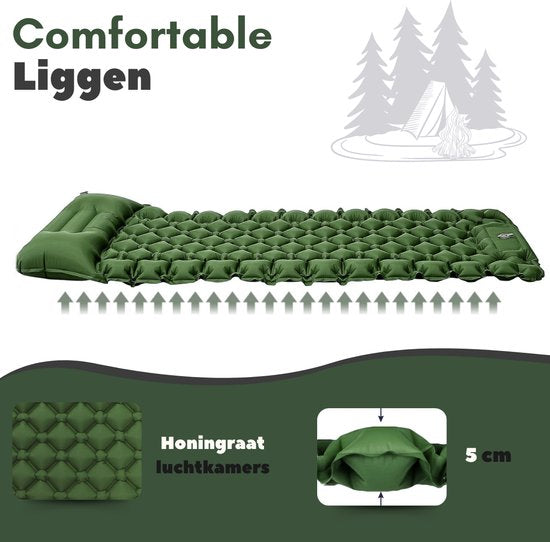 Vertrex Inflate-X1 Slaapmat met Ingebouwde Pomp - Luchtbed - 1 Persoons - Mosgroen