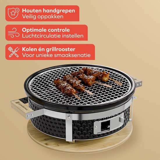 KitchenBrothers Kamado Hibachi Grill - Houtskool Barbecue - Shichirin Tafelgrill - PFAS-vrij - Ronde BBQ - Keramische Barbecue - Zwart