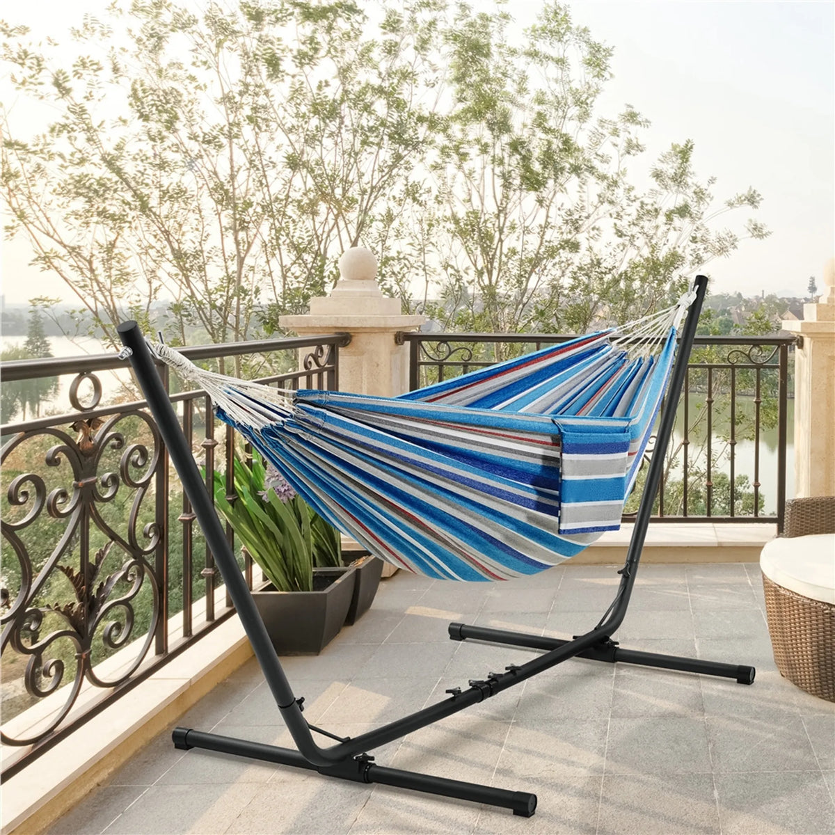 Campinghangmat met Standaard voor 2–3 Personen Verstelbaar 294–314 cm Blauw