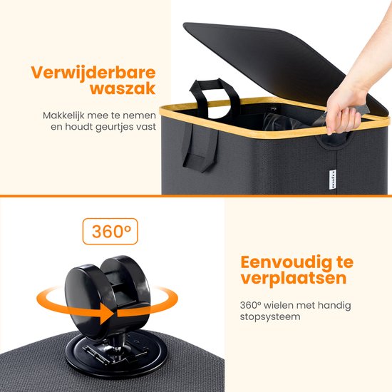 Posity Wasmand op Wielen – 100 Liter – Opvouwbaar – Wasmand Stof - Laundry Basket - Met Deksel & Handvaten - Bamboe - Incl. Waszak - Zwart