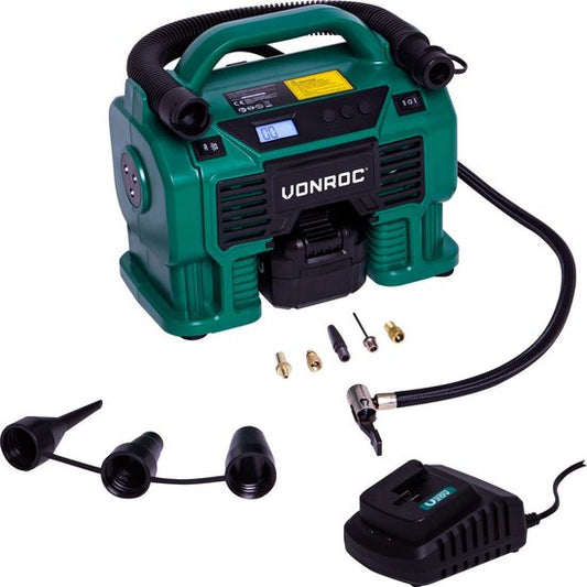 VONROC Accu compressor VPower 20V - 20V accu & 12V aansluiting - Incl. accessoires en 4.0Ah accu
