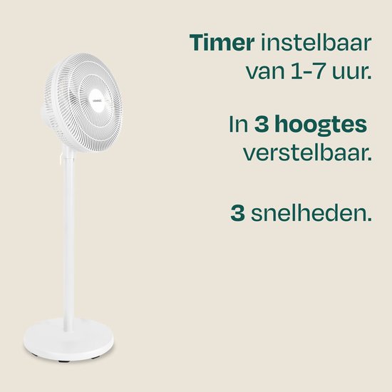 VONROC Vloerventilator - 3 snelheden – incl. afstandsbediening - timer - verstelbaar in 3 hoogtes - wit