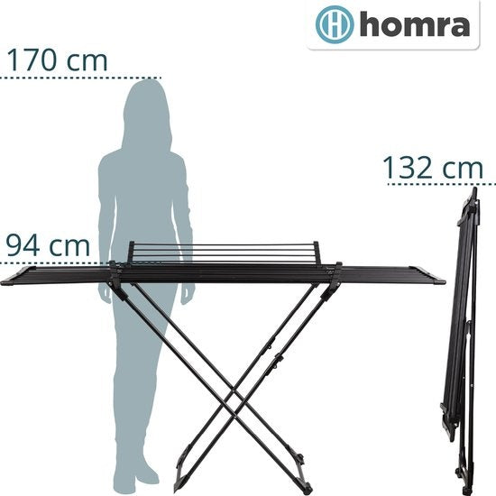 Homra Wasrek Inklapbaar - Tot 22m Was - Staand Droogrek Inklapbaar - Ruimtebesparend Wasrek - Droogrekken - Ecologisch Was Drogen - 182x97x103 CM - Metaal Zwart - Geschikt voor Grote Gezinnen