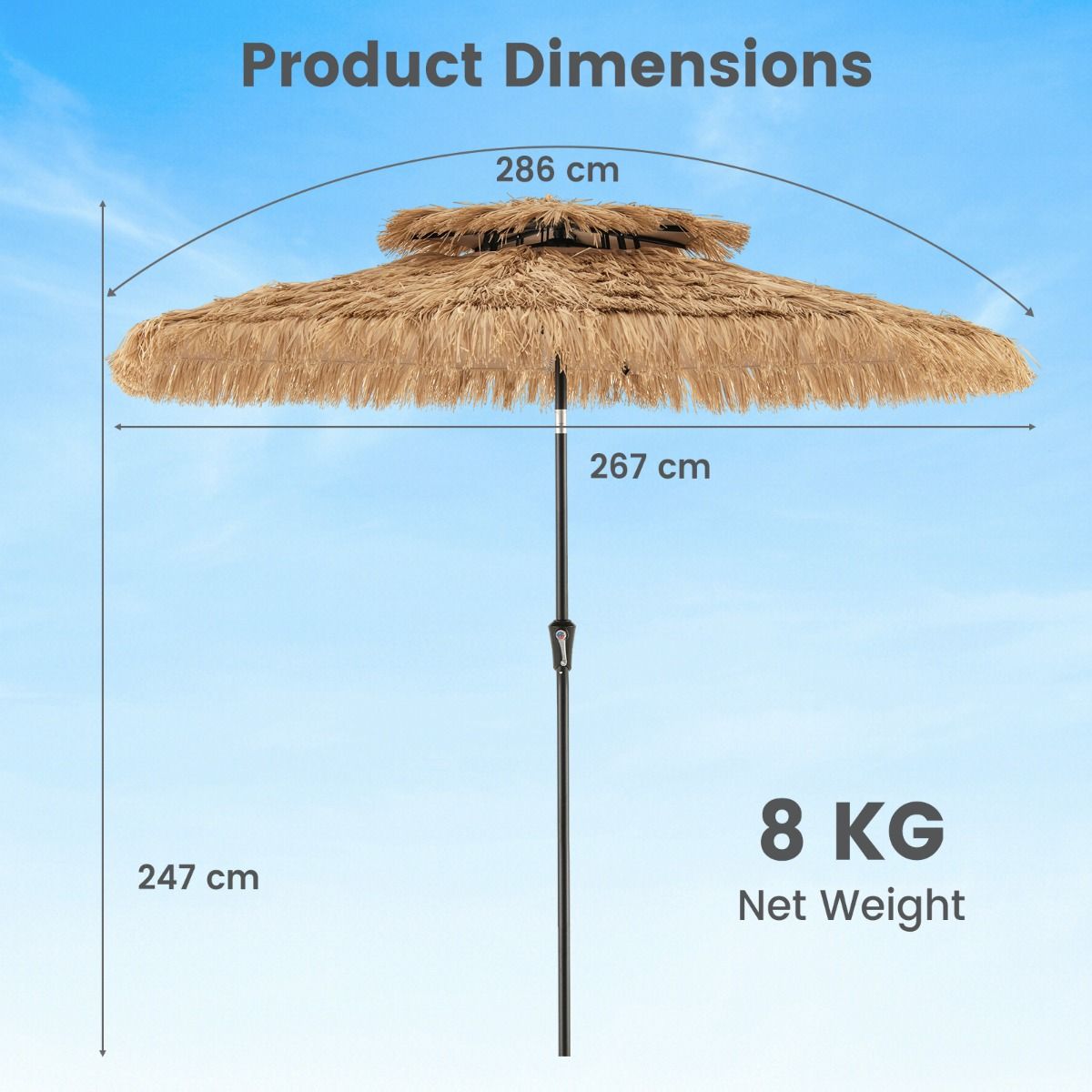 Coast Hawaïaanse Rieten Tiki Parasol 267x247 cm – Natuurlijke Terrasparasol met Zwengel, Kantelmechanisme & 8 Stevige Baleinen