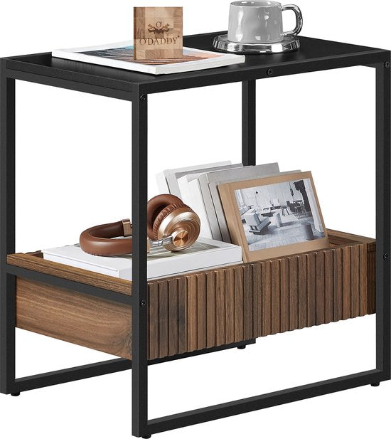 O'DADDY® Bijzettafel - Vierkant Tafeltje - Met Verstelbare Lade - Bijzet Tafel - Koffietafel - Nachtkastje - 55x35x55 cm - Zwart Metaal/Bruin Hout