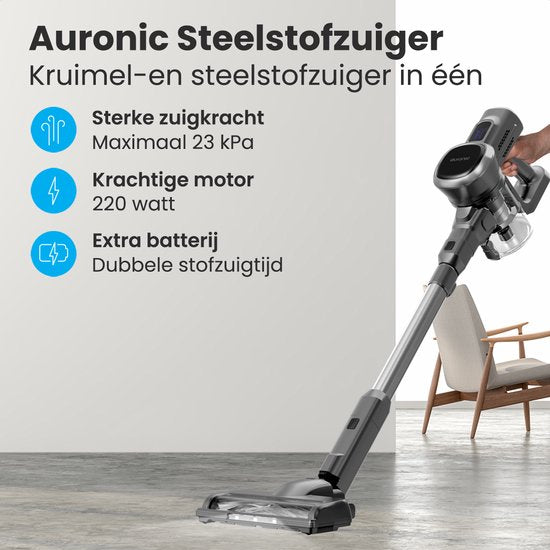 Auronic – Steelstofzuiger Draadloos – 220 watt & 23 kpa Zuigkracht – Voorzien Van Extra Accu En Wasbaar Hepa-filter – Tot 100 Minuten Gebruikstijd – Grijs Kunststof En Metaal